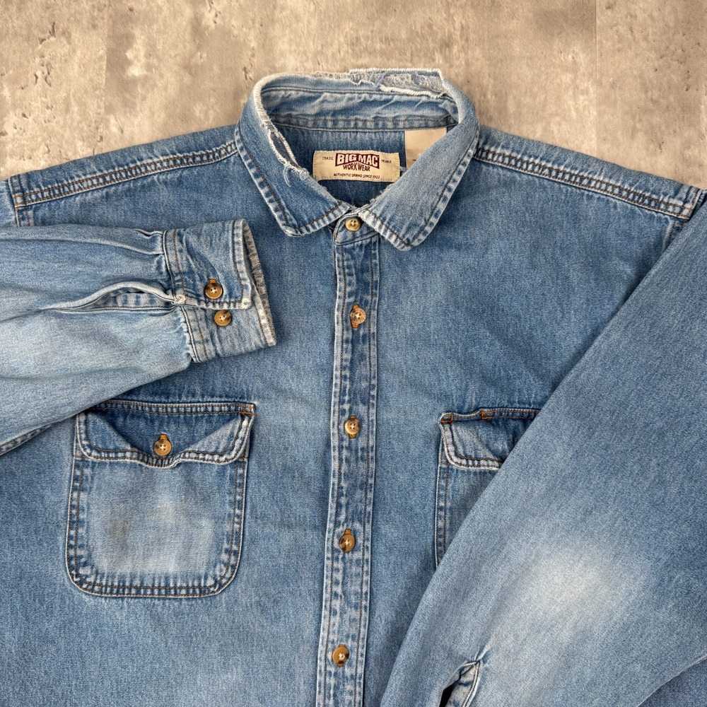 Vintage Big Mac Denim Shirt Mens XL Blue Button Front Workwear Distressed USA